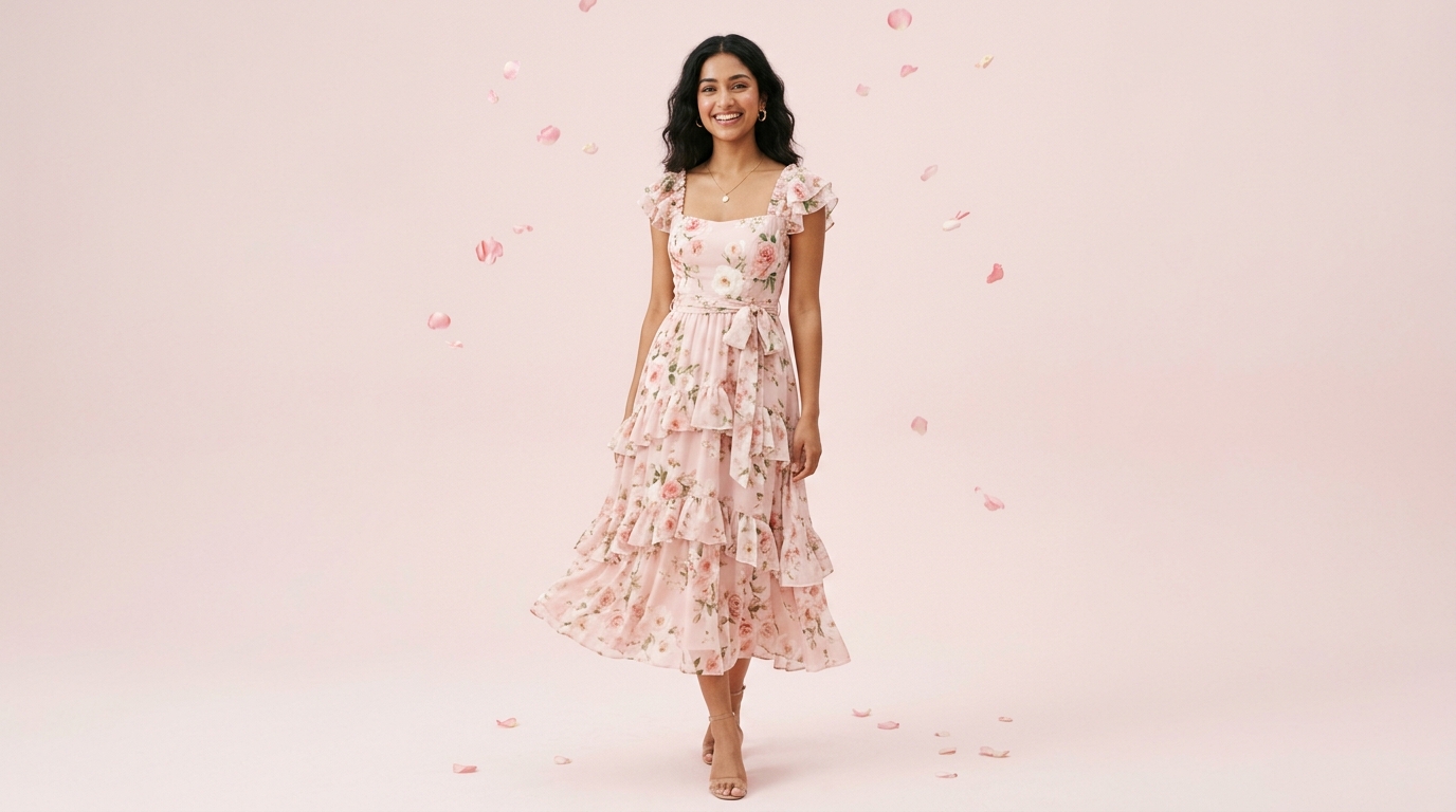 Model wearing a floral dress