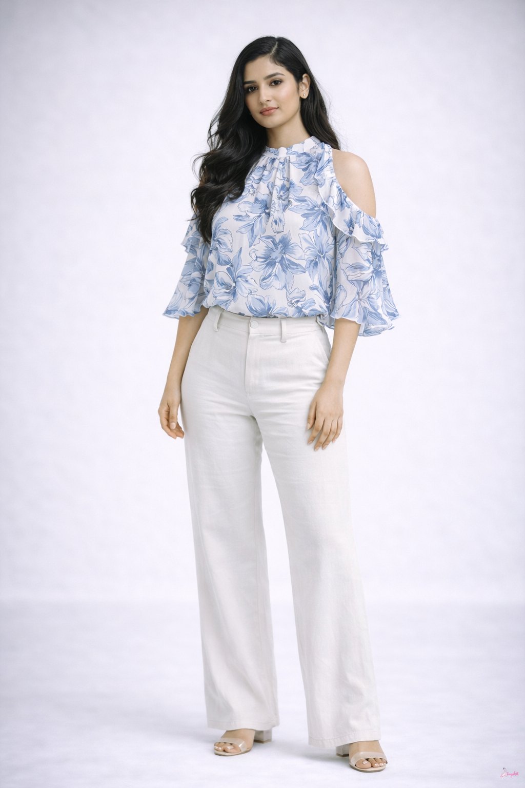 Soft Petal Cold-Shoulder Blue Blouse