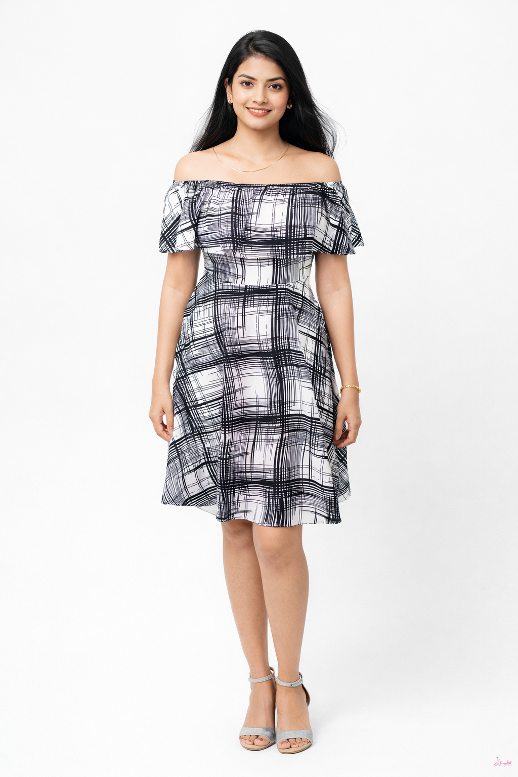 Teen Chic Plaid Off-Shoulder Black Dress